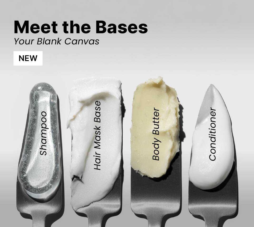 haircare swatches on spatulas, shampoo, hair mask base, body butter and conditioner